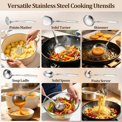 TeamFar Stainless Steel Cooking Utensils Set, 7 Pcs Kitchen Utensils, Heat Resistant Metal Kitchen Tools Include Solid & Slotted Turner/Spoon/Ladle/Skimmer/Pasta Server/Potato Masher, Dishwasher Safe