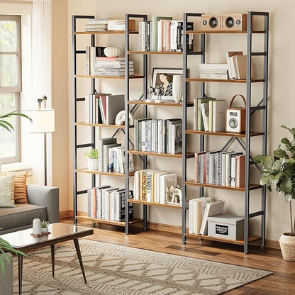 SUPERJARE Triple Bookshelf, Bookcase with 11 Open Display Shelves, Wide Book Shelf Book Case for Home & Office, 5 Tier, Rustic Brown