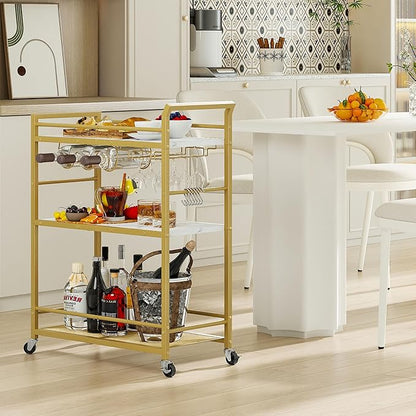 3 Tier Bar Cart, Small Beverage Cart, Mini Bar Cart with Wine Rack, Home Bar Serving Cart with Wheels for Kitchen Dining Living Room (Gold, General)