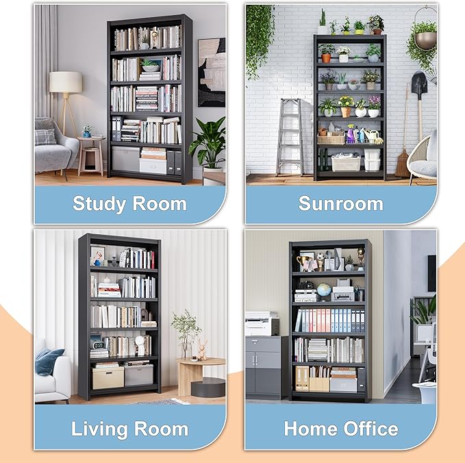 69.3" Tall Metal Bookshelf, Black Bookcase with Display Shelves, 5 Tier Open Shelf Bookcases for Living Room, Bedroom, Home Office, Study, Library