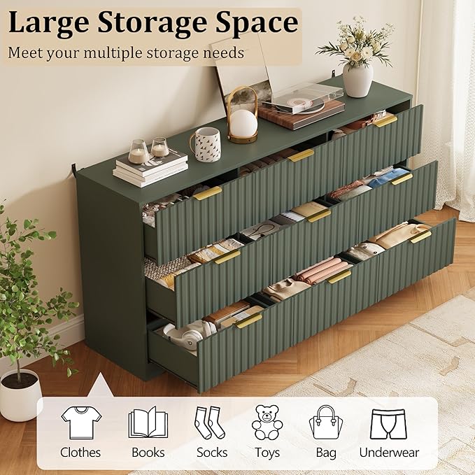 Fluted 9 Drawers Dresser for Bedroom, 63" Wide Wood Dressers Chest of Drawers with Metal Handle, Long Modern Dresser TV Stand Storage Organizer for Living Room, Green