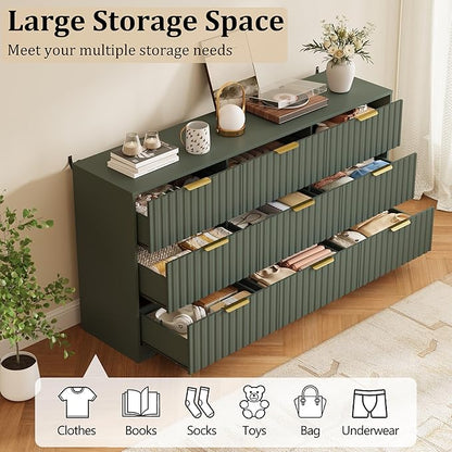 Fluted 9 Drawers Dresser for Bedroom, 63" Wide Wood Dressers Chest of Drawers with Metal Handle, Long Modern Dresser TV Stand Storage Organizer for Living Room, Green