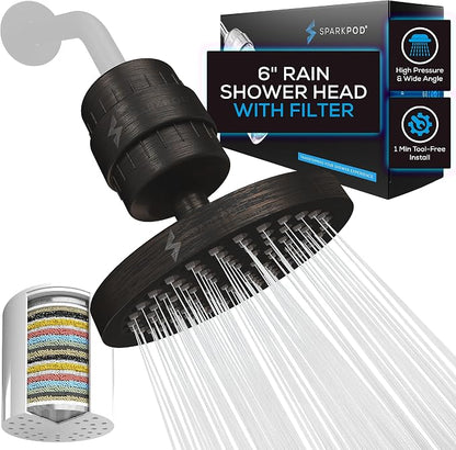 SparkPod 23-Stage Filtered Shower Head, 6" Round, Oil-Rubbed Bronze | Filtered Shower Head for Hard Water Filter, High Pressure, Reduces Chlorine, Heavy Metals, For Dry Skin & Hair