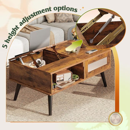 WLIVE Coffee Table, Lift Top Coffee Table with Storage Shelf, Drawer, Height Adjustable and Tilting Tabletop for Living Room, Mid Century Modern, Wood, Rustic Brown
