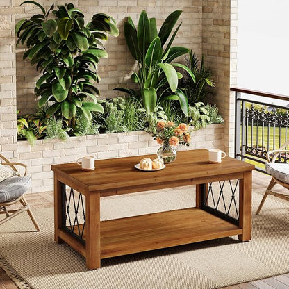 47.2" Solid Wood Coffee Table, Farmhouse Rectangular Center Table, 2-Tier Low Cocktail Tea Table, Rhomboid Metal Frame, Easy Assembly, for Living Room, Bedroom, Balcony & Office