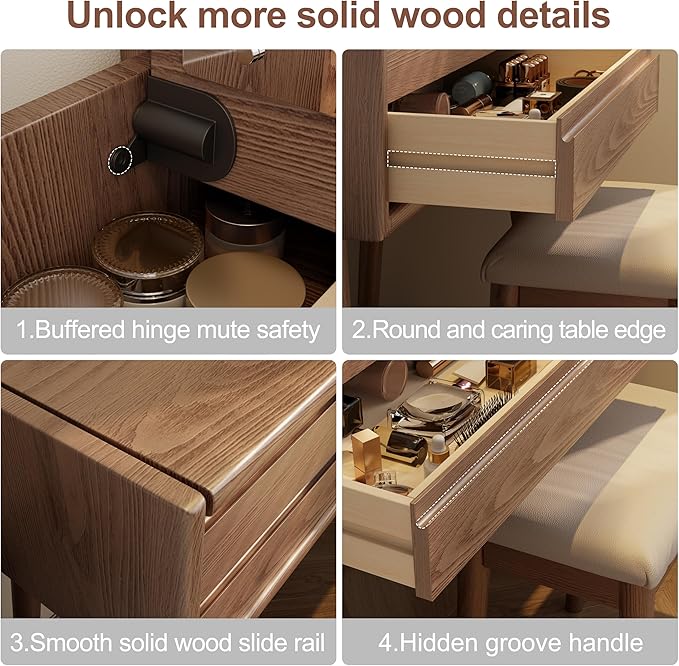 Wood Vanity Desk with Mirror and Lights, Dressing Vanity Table Vanity Set 4 Drawers, 40 Inch Large Make Up Vanity Table Wooden with 3 Lighting Modes for Bedroom Walnut(with Adapter)
