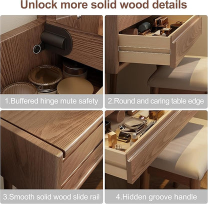 Wood Vanity Desk with Mirror and Lights, Dressing Vanity Table Vanity Set 4 Drawers, 40 Inch Large Make Up Vanity Table Wooden with 3 Lighting Modes for Bedroom Walnut(with Adapter)