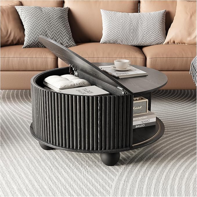 SULIVES Round Coffee Table with Storage, Unique Circle Coffee Table with Sliding Door,Fluted Accent Center Table with Bun Feet for Living Room, Black