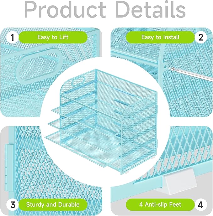 5 Tier Paper Organizer with Handle, Blue Metal Mesh Desk Organizer File Folder Paper Letter Tray Desktop Document Sorter for Classroom, School, Office Accessories Organization and Storage