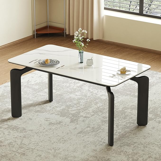 59'' Modern Dining Table, Sintered Stone Kitchen Table, Rectangular Slate Patio Table with Metal Legs, Indoor-Outdoor, Backyard, Scratch and Heat Resistant