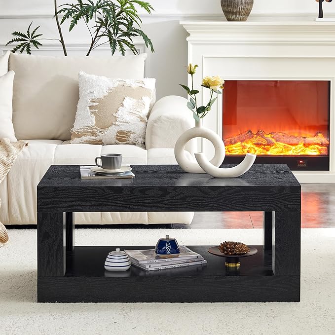 LKTART 39.37" Coffee Table with Storage, 2-Tier Mid Century Rectangular Accent Table with Thick Tabletop, Rustic Style Cocktail, Center Table for Living Room, Office, Apartment (Black)