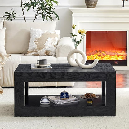 LKTART 39.37" Coffee Table with Storage, 2-Tier Mid Century Rectangular Accent Table with Thick Tabletop, Rustic Style Cocktail, Center Table for Living Room, Office, Apartment (Black)