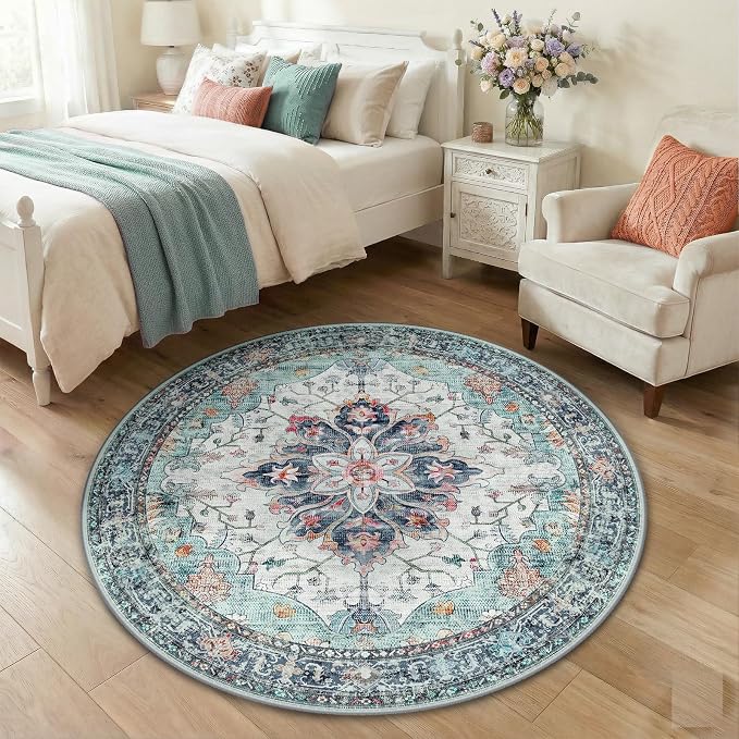 RELEANY Area Rugs Round 4ft Washable Non-Slip, Floral Vintage Distress Medallion Carpet for Living Room Bedroom Dining Room, Green Navy Blue White Red Teal
