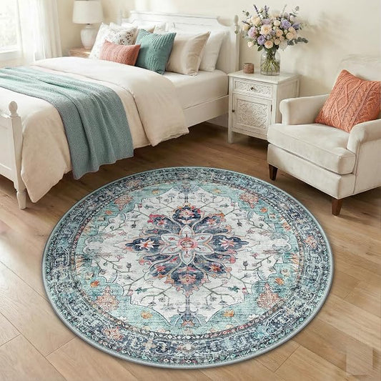 RELEANY Area Rugs Round 4ft Washable Non-Slip, Floral Vintage Distress Medallion Carpet for Living Room Bedroom Dining Room, Green Navy Blue White Red Teal