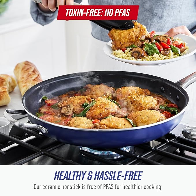 Blue Diamond Ceramic Nonstick 14" Frying Pan Skillet, PFAS-Free Cookware, Jumbo Cooker with Helper Handle, For Large & Family Sized Meals, Dishwasher & Oven Safe, Blue