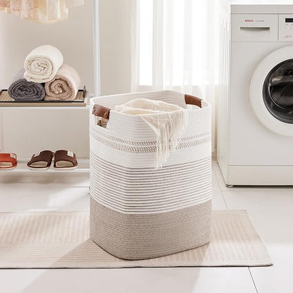 SunNewt 85L Tall Laundry Hamper with Handles for Living Room Storage, Extra Large Woven Rope Baskets Bin for Blanket, Kids Toy, Gifts, Wicker Hamper for Bedroom Dirty Clothes, 17"x14"x22" White Brown