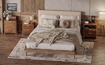 COZAYH Farmhouse Nightstand with 3 Drawer, Distressed Wood Rustic Accent Dresser, Burl Finish Bedside Table for Bedroom, Entryway, Fully Assembled, Brown