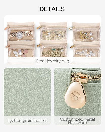 Vlando Jewelry Travel Case,Travel Jewelry Organizer with Clear Velvet Jewelry Bags Storage Zipper Pockets, Girls Women Gift Ideas for Wedding Party Thanksgiving Christmas-Light Green