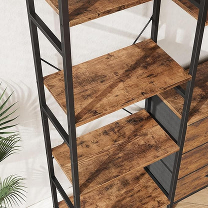 AFLUI Triple Bookshelf with 3 Fabric Drawers, 5-Tier Book Shelf and 10 Display Shelves, Industrial Large Bookcase for Home & Office, Rustic Brown, 47'' Wide