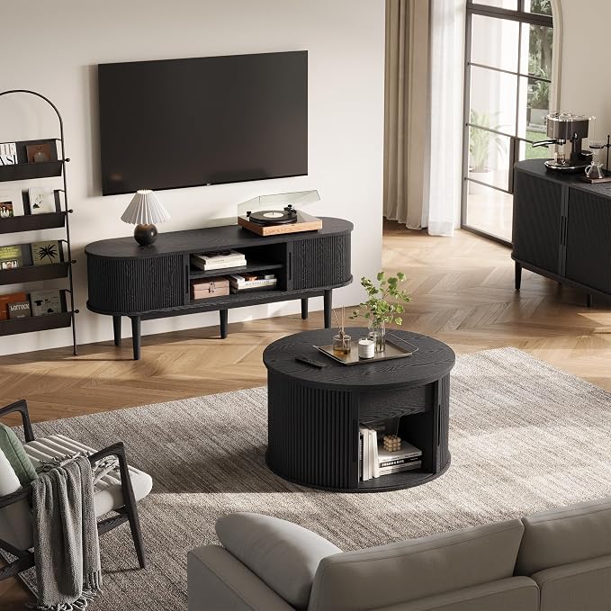 LINSY Lift Top Coffee Table, Round Fluted Coffee Table with Storage, Mid Century Modern Wooden Coffee Tables with Sliding Tambour Door, 31.5" Center Table for Living Room, Office, Small Space, Walnut