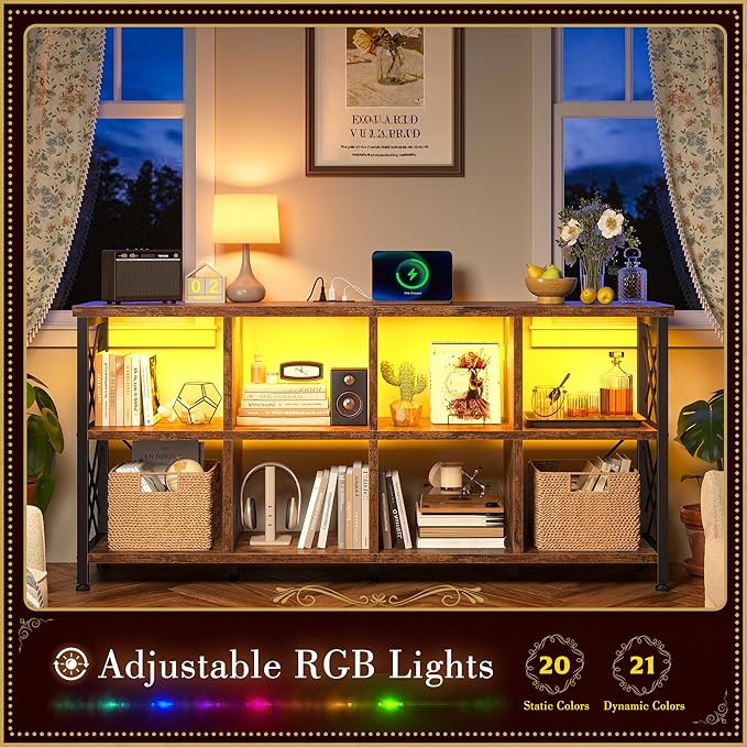 8 Cube Storage Organizer with LED Light and Charging Station, Wood and Metal Cube Shelf, Long Horizontal Book Shelf for Bedroom, Home Office,Rustic Brown