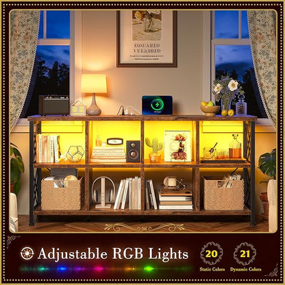 8 Cube Storage Organizer with LED Light and Charging Station, Wood and Metal Cube Shelf, Long Horizontal Book Shelf for Bedroom, Home Office,Rustic Brown