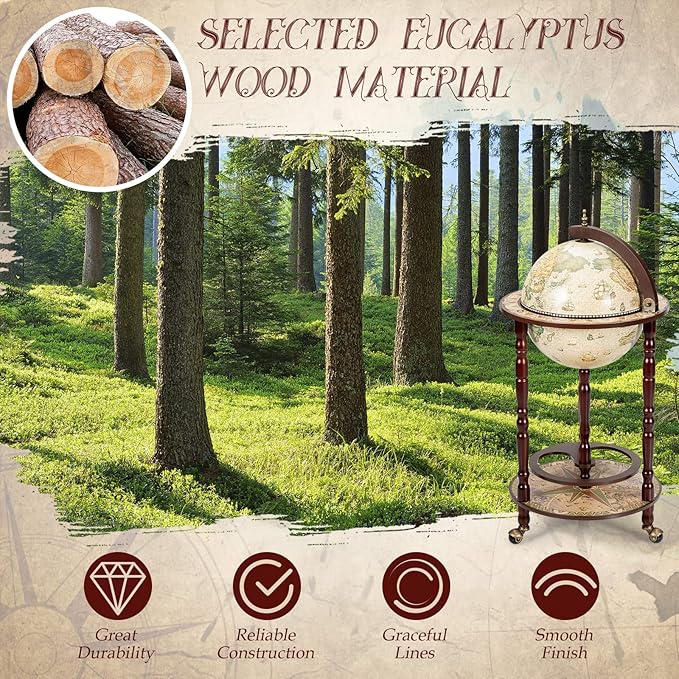LDAILY 17.5’’ Wood Globe Bar, 16th Century Italian Replica Vintage Bar Cart with Wheels, Alcohol Cabinet with Liquor Storage, Bottom Shelf & Old World Map, Round Bar Cart for Home (Creamy White)