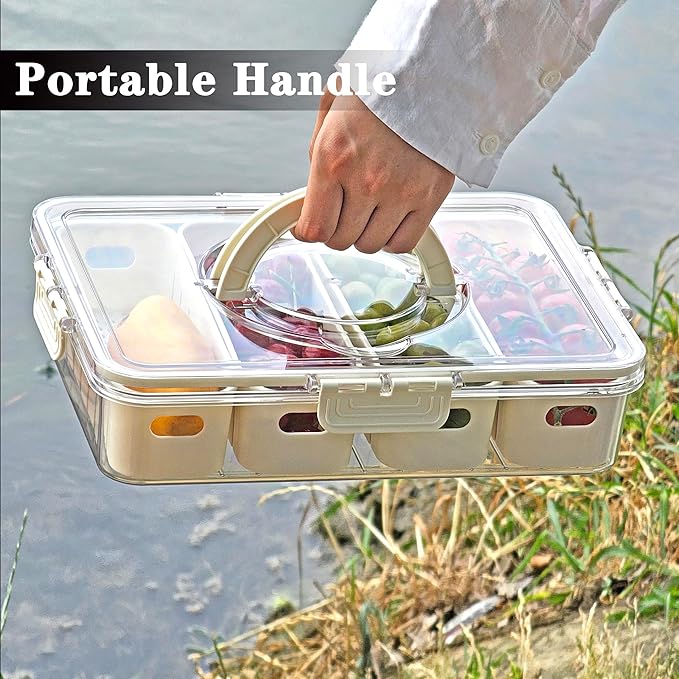2Pack Divided Serving Tray with Lid and Handle Portable Snackle Box Charcuterie Container Clear Stackable food Organizer for Fruits Veggies for Fridge Party (2 Pack 4 Compartment with Handle)