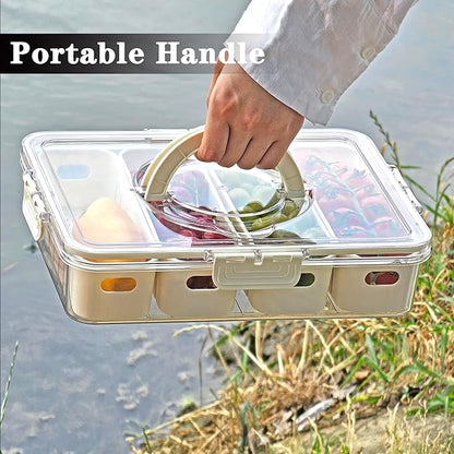 2Pack Divided Serving Tray with Lid and Handle Portable Snackle Box Charcuterie Container Clear Stackable food Organizer for Fruits Veggies for Fridge Party (2 Pack 4 Compartment with Handle)