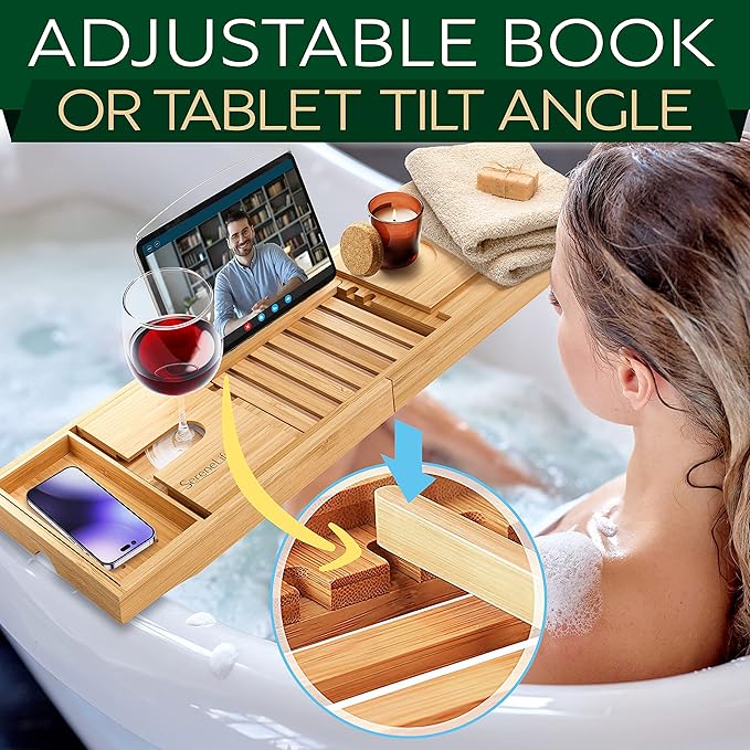 SereneLife Premium Bathtub Tray Caddy, Expandable Bath Tray, Unique House Warming Gifts, Gift for Mom, Women, New Home, Wedding, Anniversary, Bridal Shower, Universal Fit for All Tub - Natural