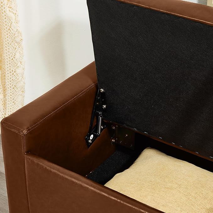 Furniliving Storage Bench, 48‘’ Upholstered PU Leather Ottoman Bench with Button-Tufted, Folding Bedroom Bench with Wood Legs, Entryway Bench for Bedroom, Brown
