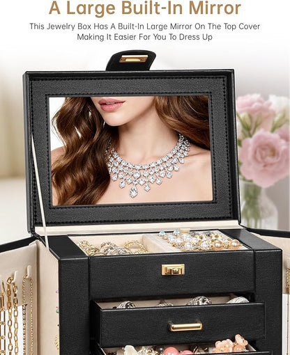 AKOZLIN Jewelry Box 6-Tier Organizer Functional 360° Rotating Jewelry Storage Case for Women Girls Ring Necklace Earring Bracelet Holder with Mirror