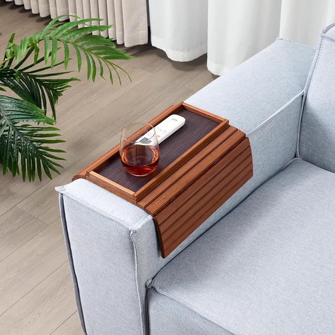 DETOR Couch Arm Tray with Anti-Slip Leather Pad, Sturdy Bamboo Slats, Fits Armrests 5.5" and Wider, Acacia Stained