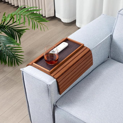 DETOR Couch Arm Tray with Anti-Slip Leather Pad, Sturdy Bamboo Slats, Fits Armrests 5.5" and Wider, Acacia Stained