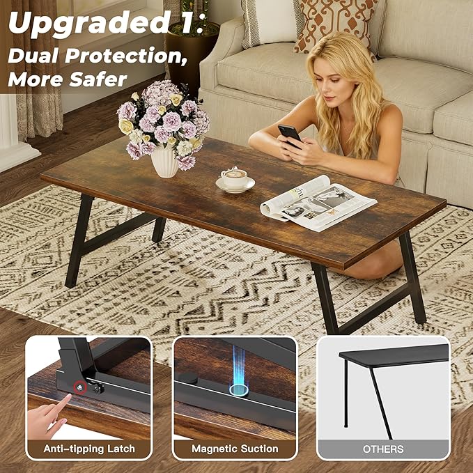 Folding Coffee Table, 39.4” Portable Floor Table Desk for Sitting on The Floor, No Assembly Low Coffee Table for Living Room, Home, Caravan and Camping, Large 39.4Lx19.7Wx15.8H, Brown