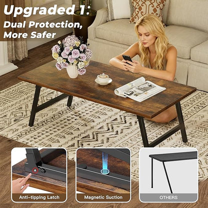Folding Coffee Table, 39.4” Portable Floor Table Desk for Sitting on The Floor, No Assembly Low Coffee Table for Living Room, Home, Caravan and Camping, Large 39.4Lx19.7Wx15.8H, Brown