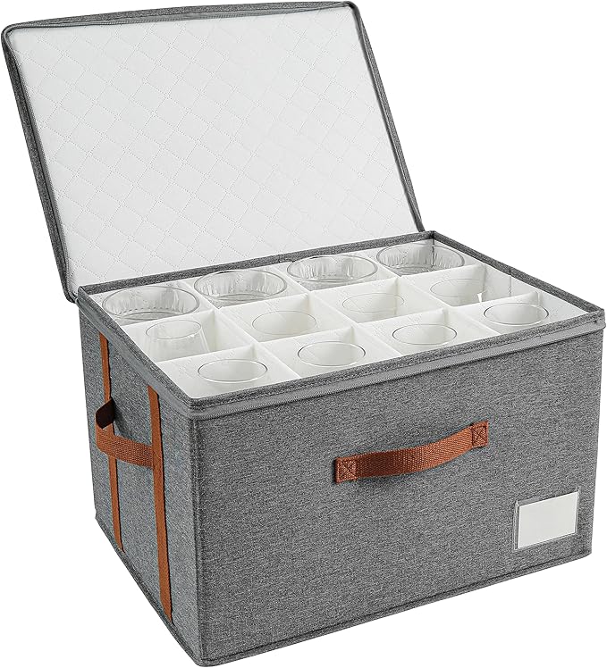 Stemware Storage Cases,Wine Glass Storage Box,with Dividers, Holds 12 Red or White Wine Glasses, Durable Glassware Storage Containers for Crystal or Stemware(Grey red, Stemware storage cases)