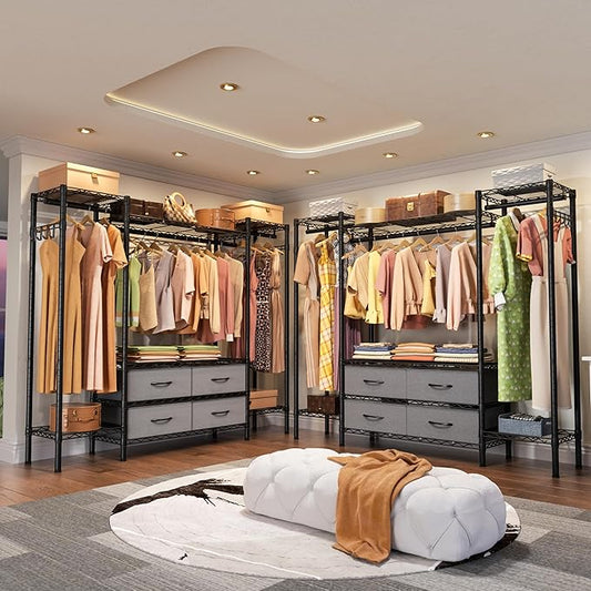 Golpart Heavy Duty Garment Rack Clothes Rack,Large Metal Closet Organizer System Storage Wardrobe,Freestanding Clothing Rack with 8 Adjustable Wire Shelves&3 Hang Rods,MaxLoad 900lbs