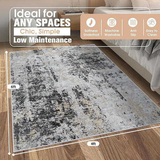 4x6 Area Rugs for Living Room Rug Washable: Abstract Rug for Dining Room Bedroom Carpet Non Slip 4 by 6 Indoor Modern Nursery Home Office Black Grey Gold
