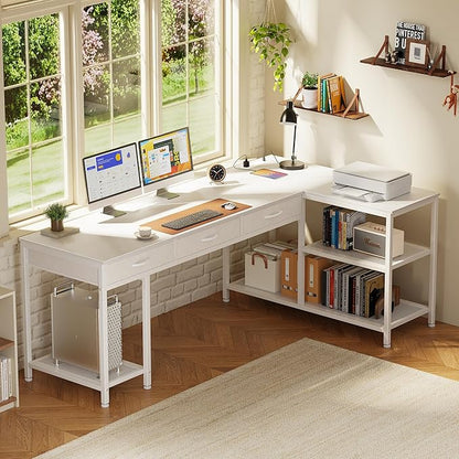 PRAISUN 63 Inch L Shaped Office Desk with Power Outlets and Type-C Port, Large Computer Gaming Desk with 3 Fabric Drawers, Mesh Shelves, Corner Study Work Writing Desk, White