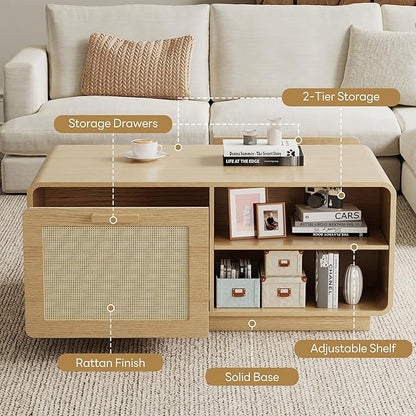 LIKIMIO 39.4" Rattan Coffee Table with Storage Drawers, Safety Curved Corners & 4-Tier Adjustable Shelves, Sturdy Base, Wood Center Table for Living Room, Natural