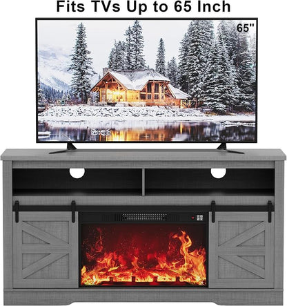JUMMICO Fireplace TV Stand for 65+ Inch TV with 26'' Fireplace Entertainment Center with Storage Cabinet and Adjustable Shelves Media Console with Sliding Barn Door for Living Room (Pale Gray)