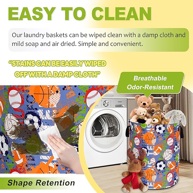 Balls Laundry Basket Funny Ball Sports Foldable Waterproof Oxford Cloth Tote Bag Laundry Hamper Round Large Clothes Storage Bucket Toy Organizer For Bathroom/Laundry Storage/Bedroom 18.9x16.5 Inch
