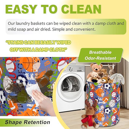 Balls Laundry Basket Funny Ball Sports Foldable Waterproof Oxford Cloth Tote Bag Laundry Hamper Round Large Clothes Storage Bucket Toy Organizer For Bathroom/Laundry Storage/Bedroom 18.9x16.5 Inch