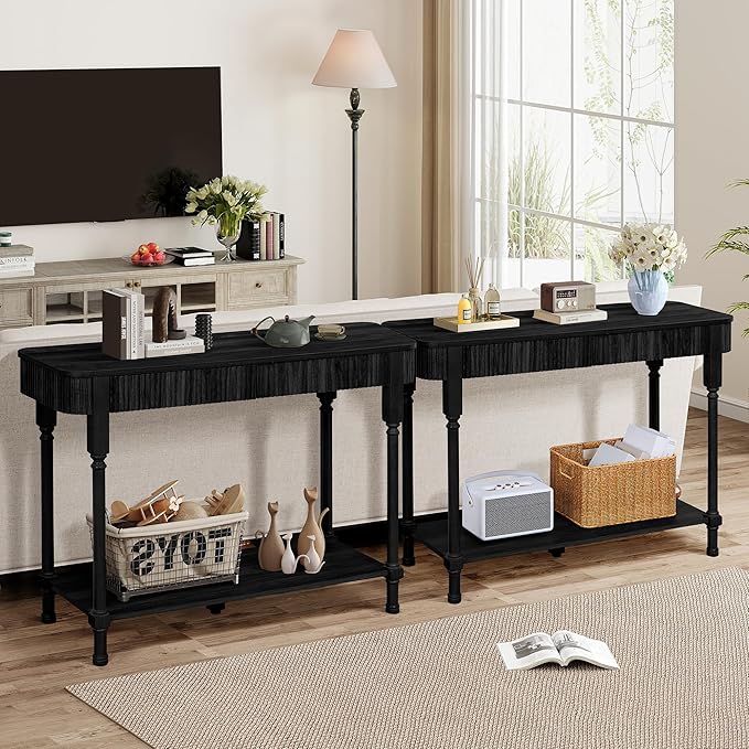 Fluted Console Table for Entryway, 43.3'' Narrow Entryway Tables with 2 Wooden Drawers, Retro Sofa Table Slim Behind Couch Accent Tables for Foyer, Living Room, Hallway (Black)