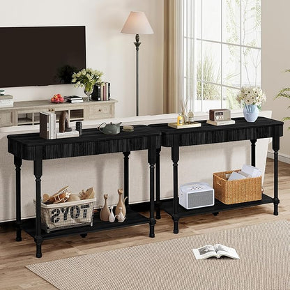 Fluted Console Table for Entryway, 43.3'' Narrow Entryway Tables with 2 Wooden Drawers, Retro Sofa Table Slim Behind Couch Accent Tables for Foyer, Living Room, Hallway (Black)