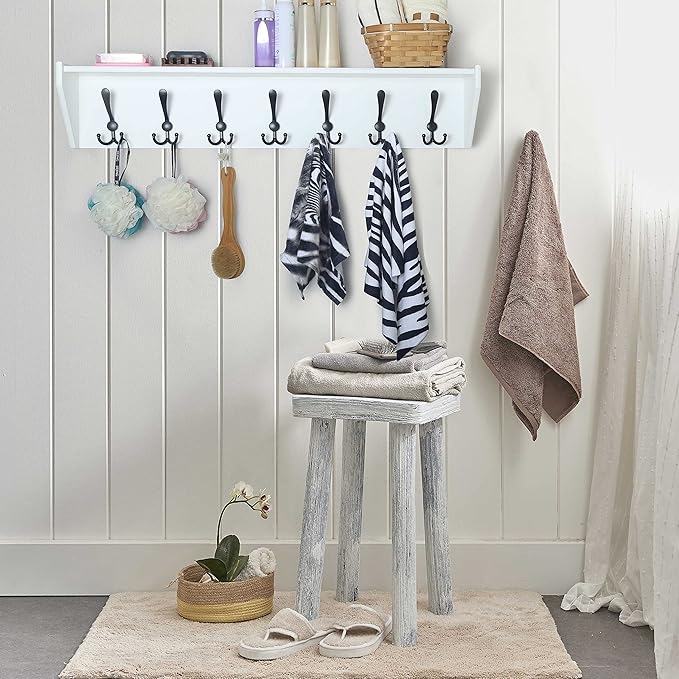 WEBI Coat Rack Wall Mount with Shelf,35" Long White Shelf with Hooks Underneath,7 Triple Hooks,Key Rack for Wall,Entryway Shelves for Wall