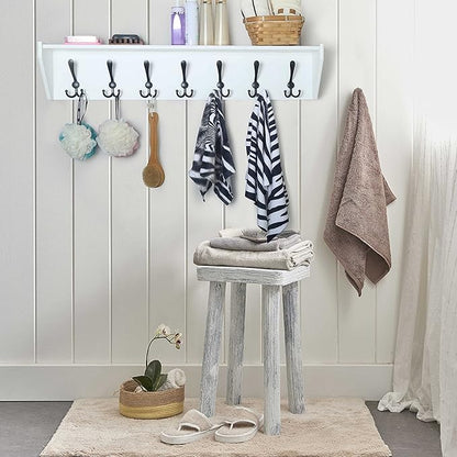 WEBI Coat Rack Wall Mount with Shelf,35" Long White Shelf with Hooks Underneath,7 Triple Hooks,Key Rack for Wall,Entryway Shelves for Wall