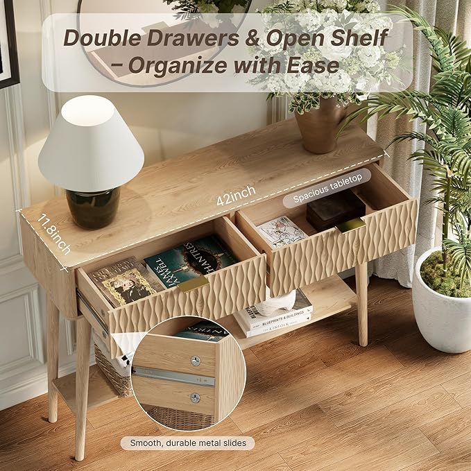 Console Table with Solid Wood Legs, Boho Modern Entryway Table with Storage Drawers, Fluted Narrow Sofa Table for Hallway,Living Room, Light Oak
