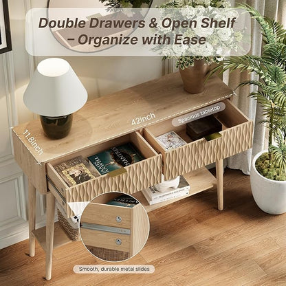 Console Table with Solid Wood Legs, Boho Modern Entryway Table with Storage Drawers, Fluted Narrow Sofa Table for Hallway,Living Room, Light Oak